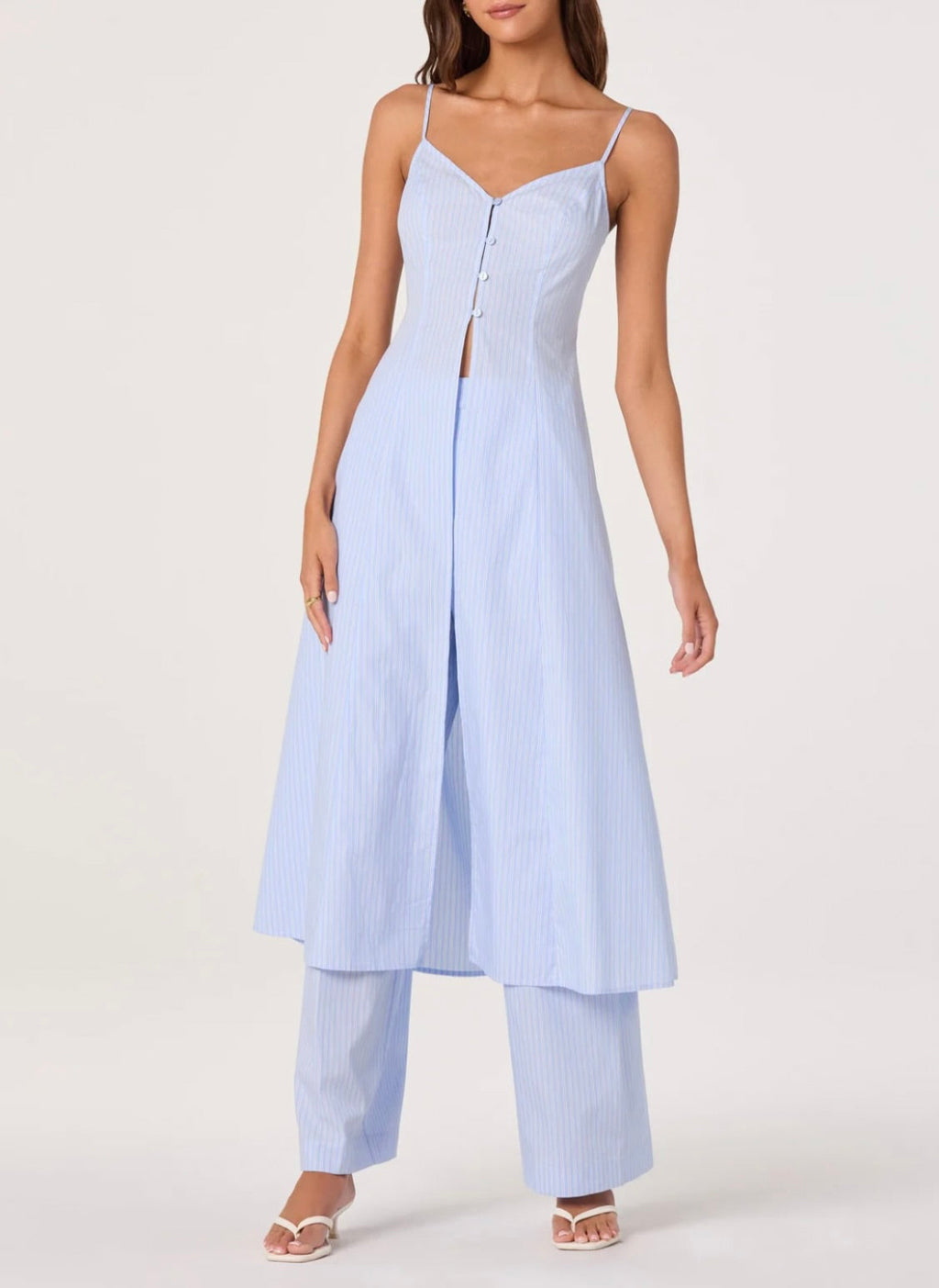 Blue Pinstripe Button-Front V-Neck Longline Tunic Top
