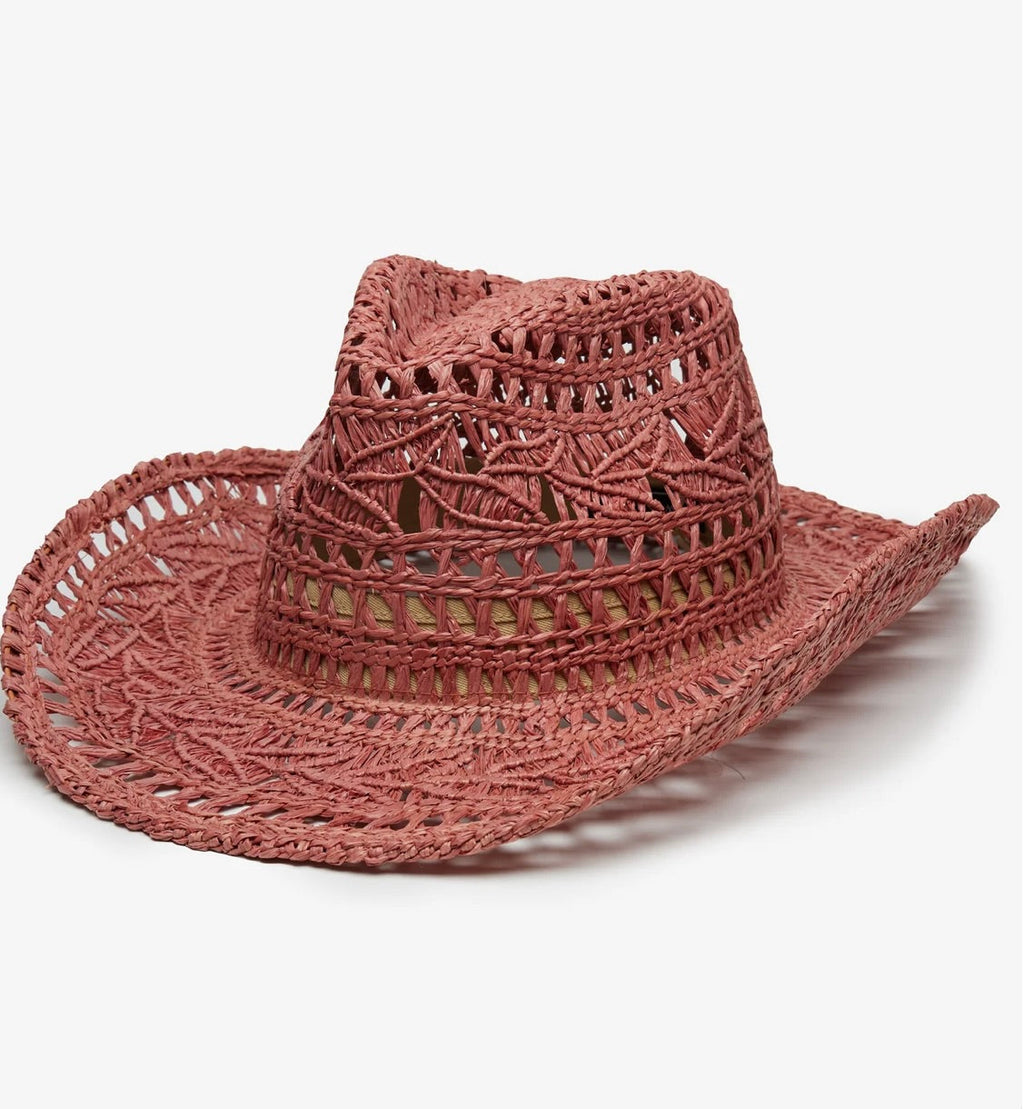 Rose Handwoven Raffia Straw Curved Brim Cutout Western Hat