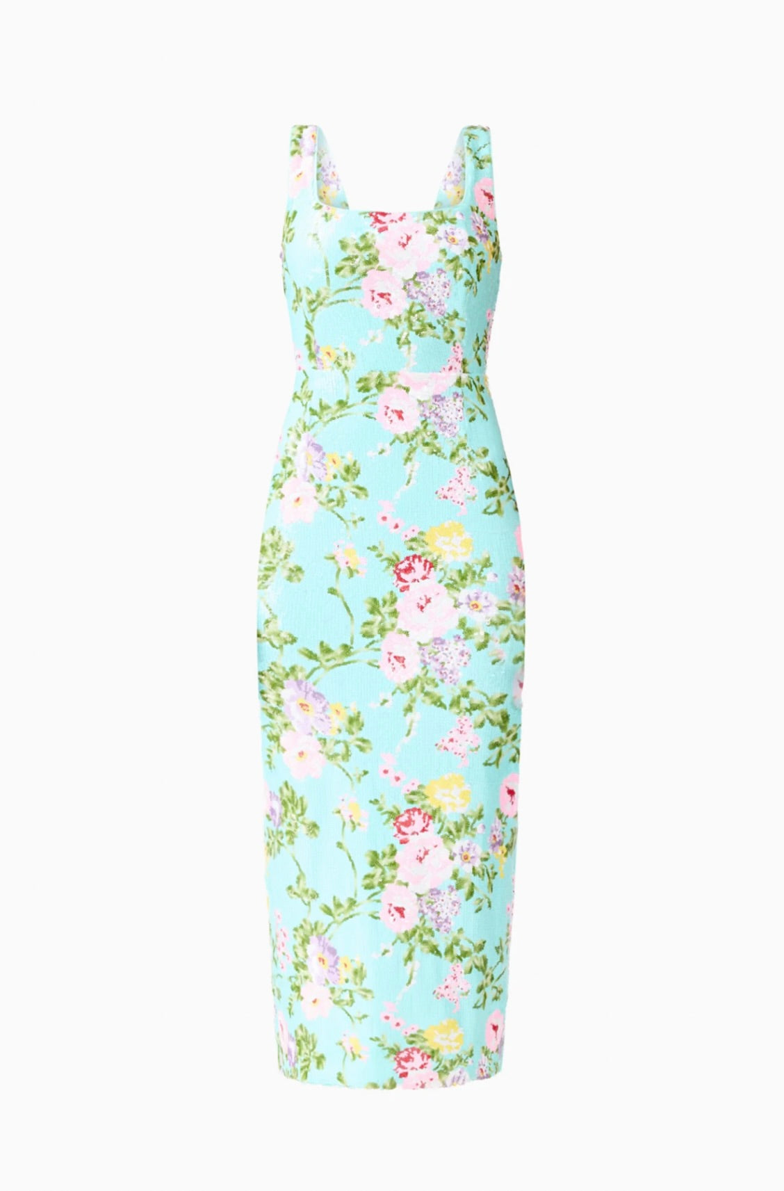 Mint Green Square-Neck Floral Sequin Midi Dress