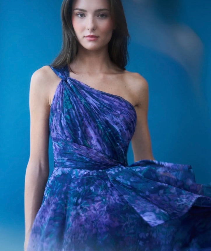 Defined-Waist Cascade-Layered Floor-Length Gown