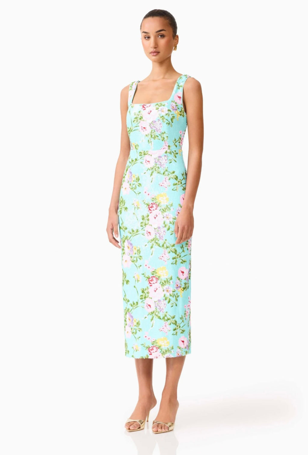 Mint Green Square-Neck Floral Sequin Midi Dress
