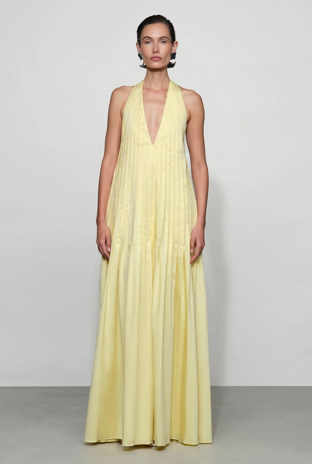Butter Halter Open-Back Pleated Maxi Dress