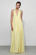 Butter Halter Open-Back Pleated Maxi Dress