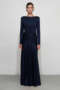 Long-Sleeve Central Ruched Evening Gown
