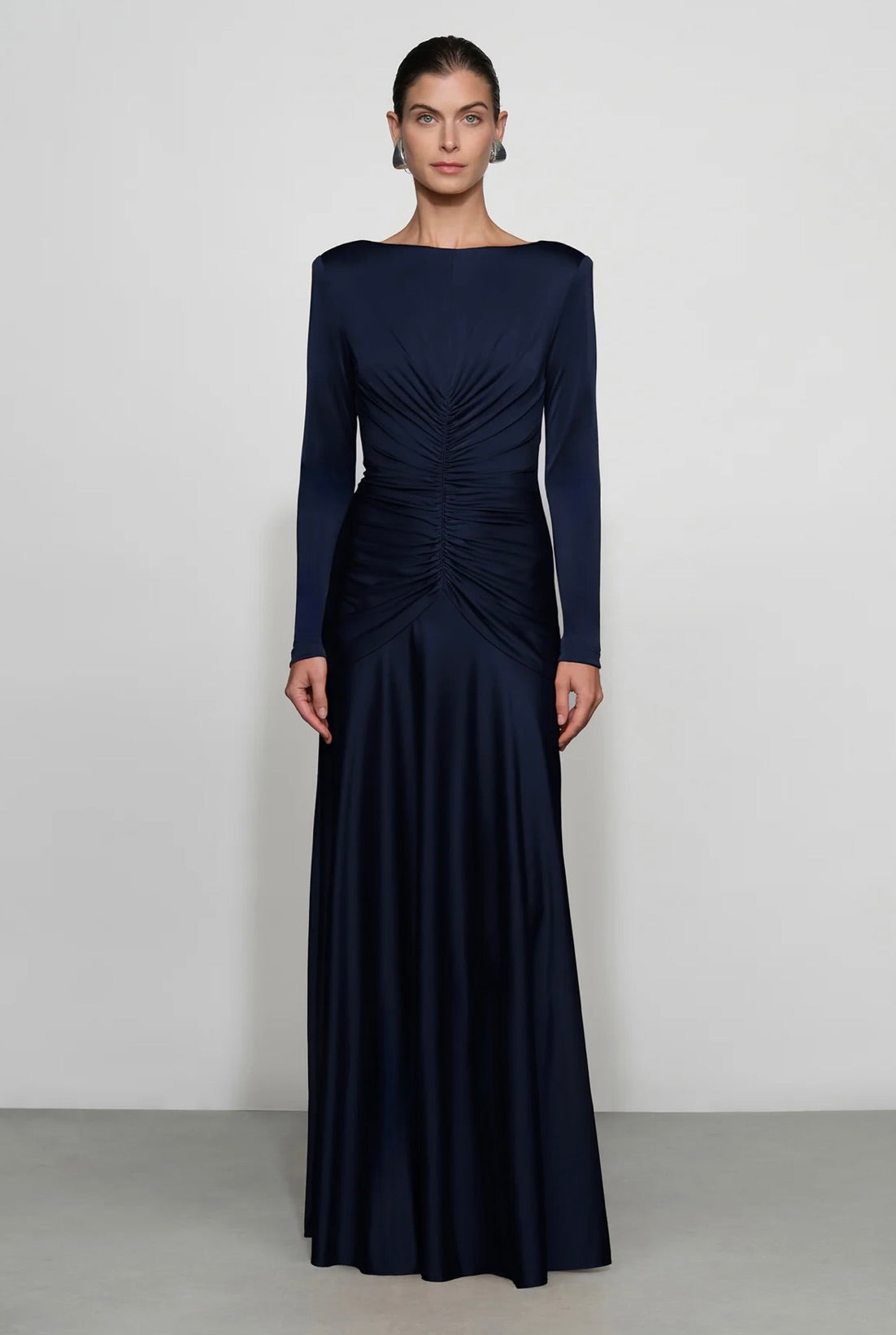 Long-Sleeve Central Ruched Evening Gown
