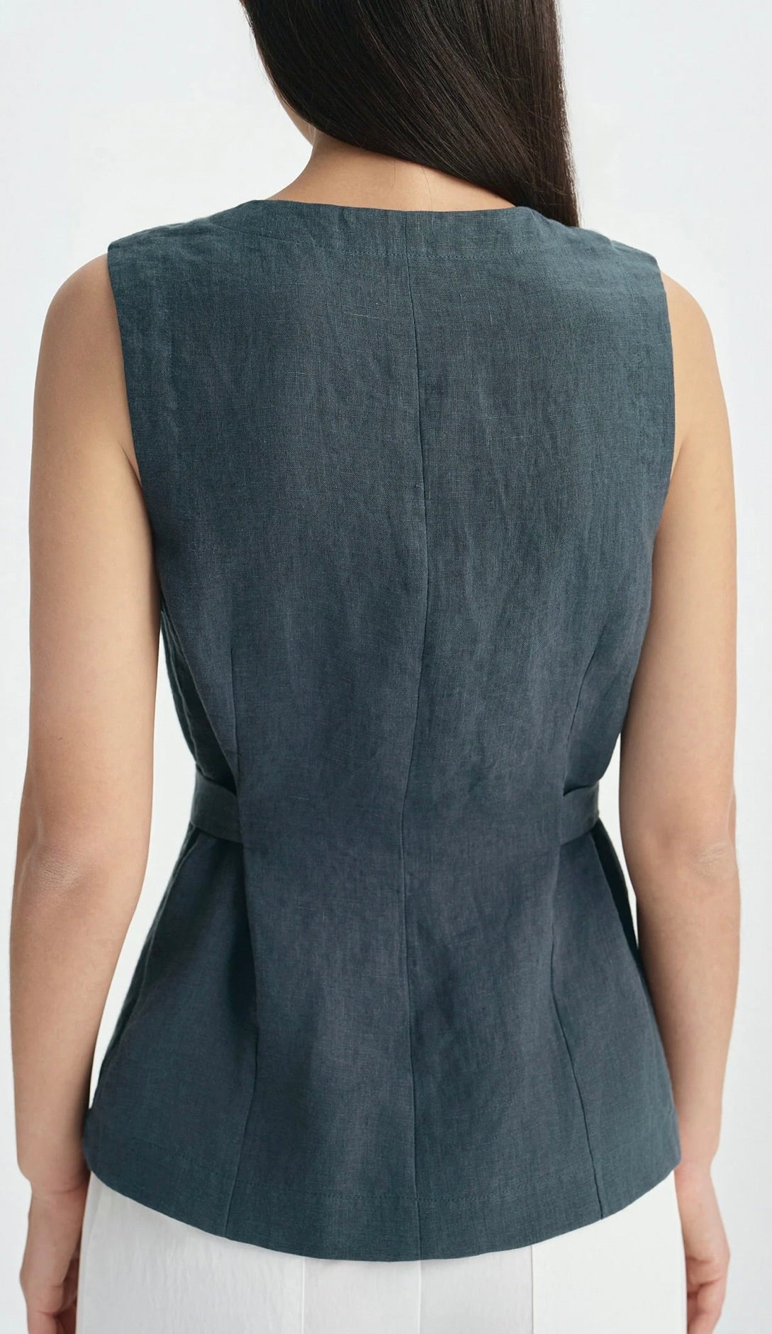 Slate Button-Front Tie-Waist Cotton Top
