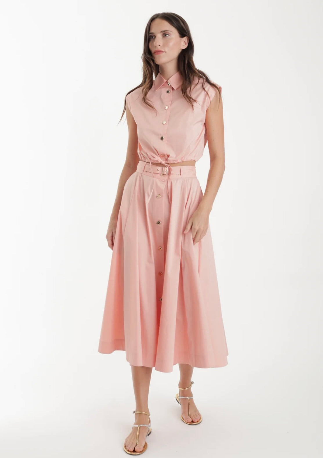 Coral High-Waist A-Line Front-Button Midi Skirt