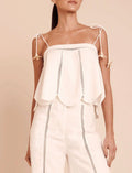 Ivory Iraca Flower Linen Tank with Scalloped Hem