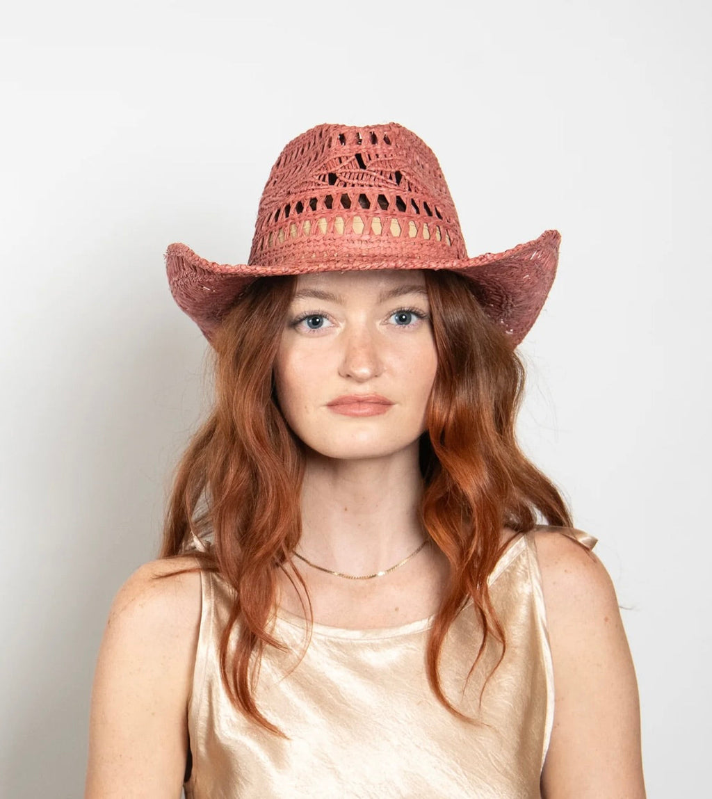 Rose Handwoven Raffia Straw Curved Brim Cutout Western Hat
