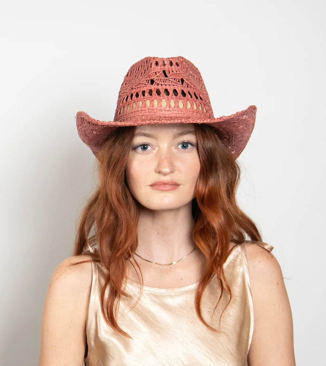 Rose Handwoven Raffia Straw Curved Brim Cutout Western Hat