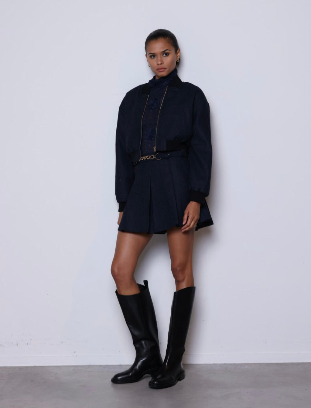 Navy Pleated Tweed Mini Skirt