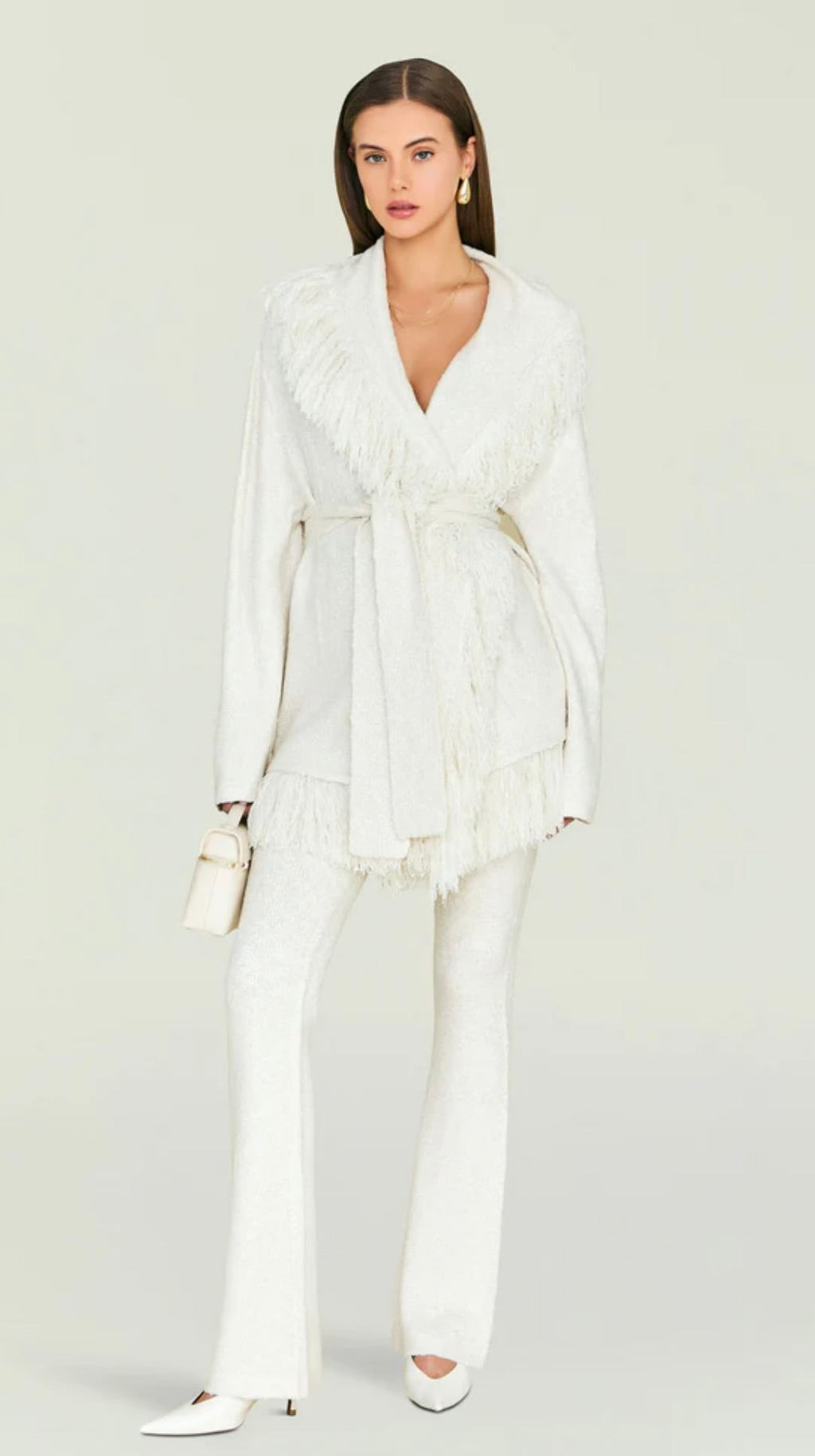 Eggshell Acrylic-Viscose Pullover with Fringe & Belt