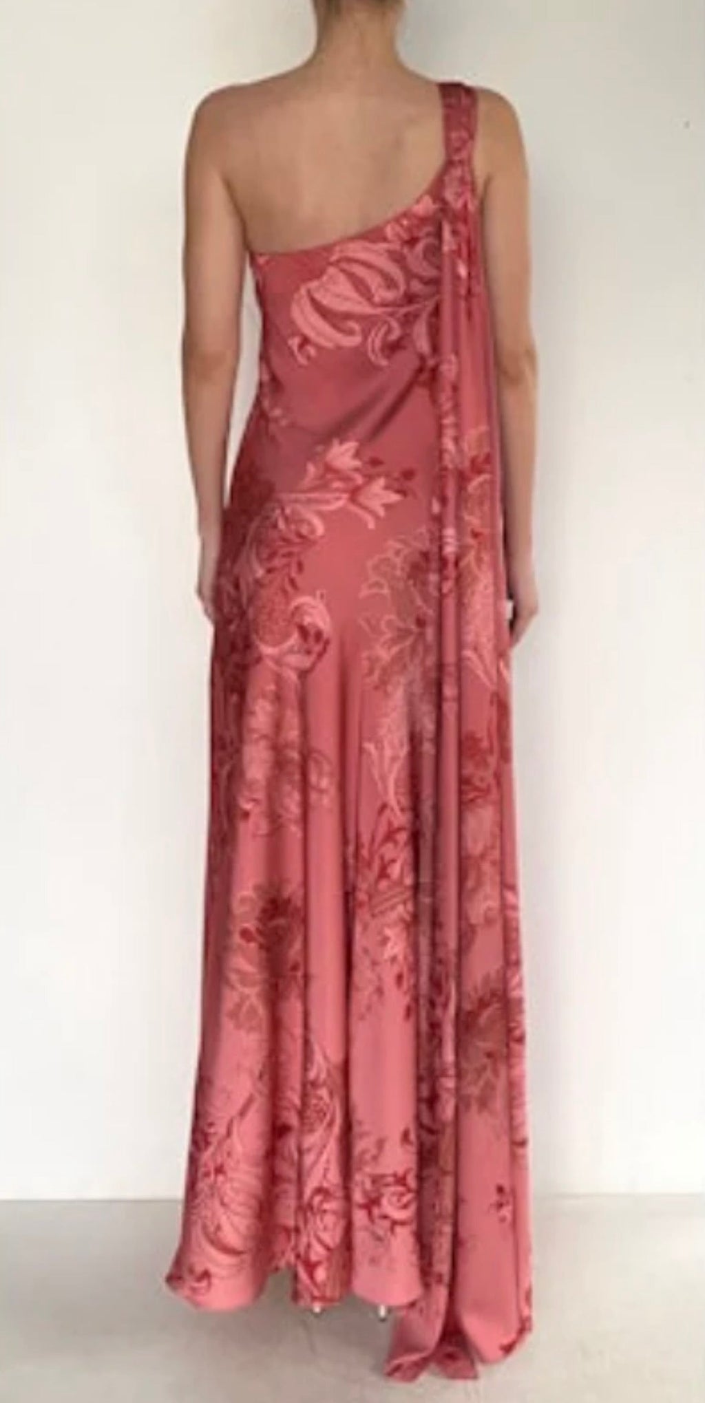 Coral One-Shoulder Asymmetric Drape Gown with Floral Jacquard