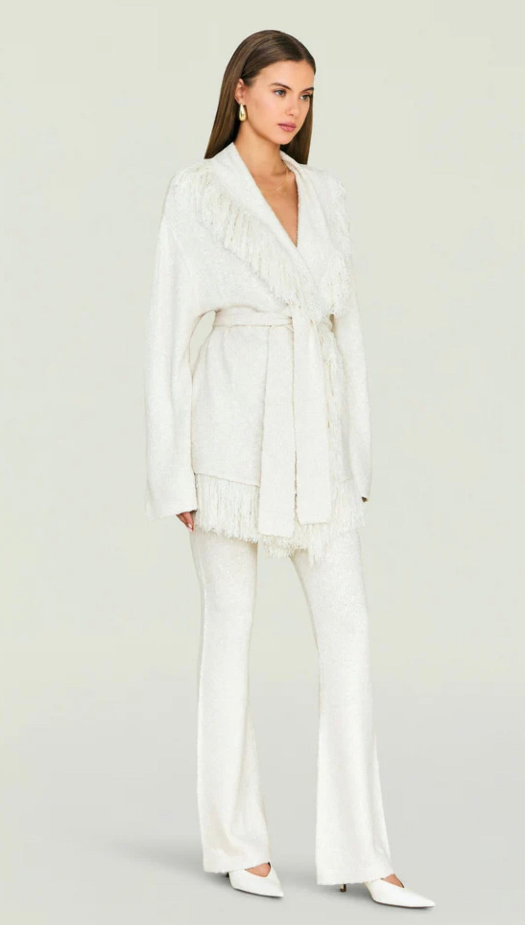 Eggshell Acrylic-Viscose Pullover with Fringe & Belt
