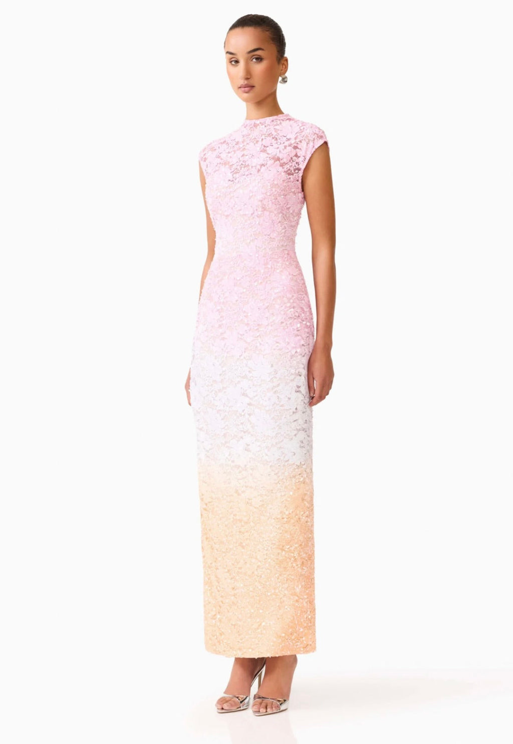 Pink Ombre Sequin Lace Floor-Length Gown