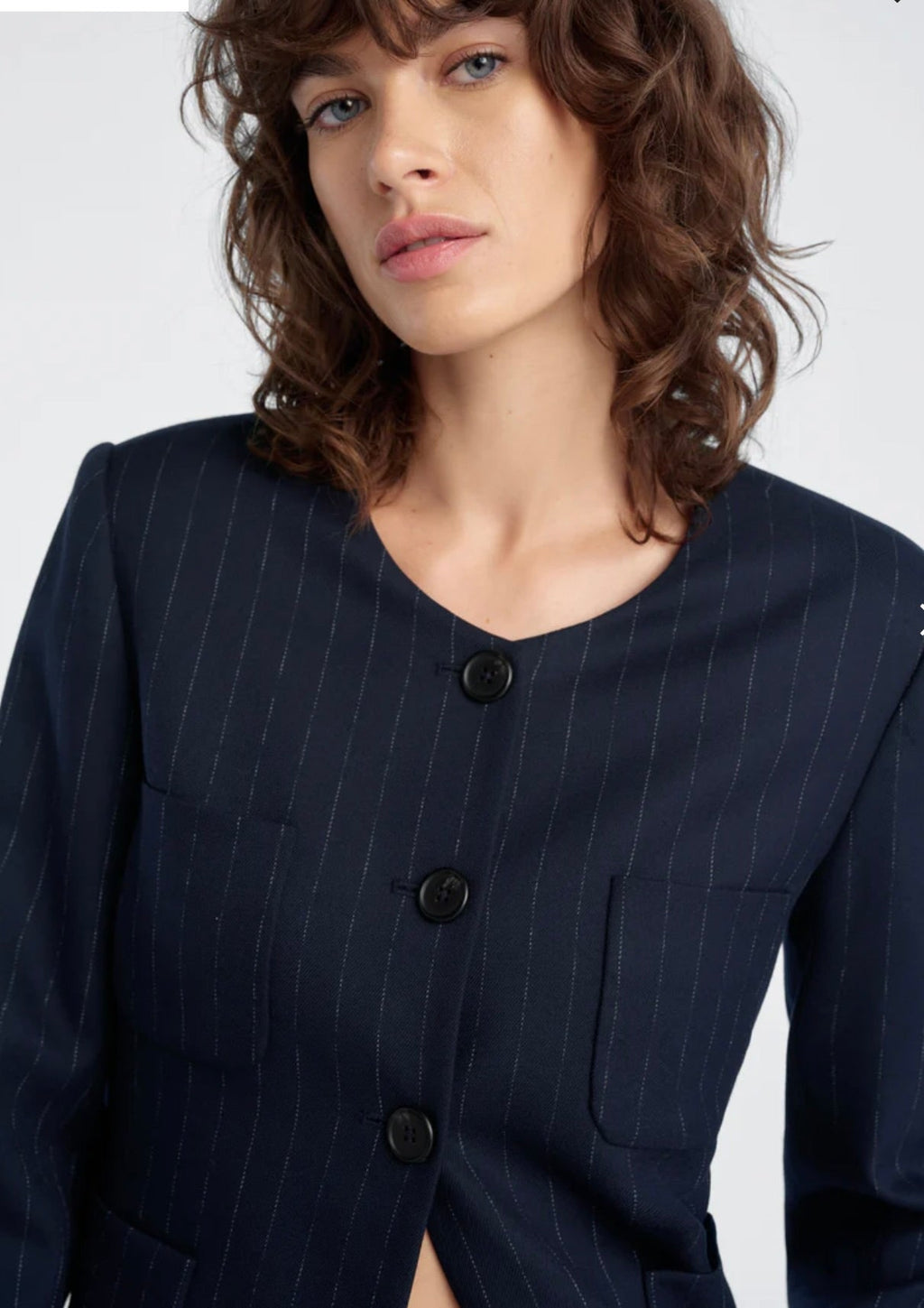 ‌Navy Pinstripe Sculpted Blazer