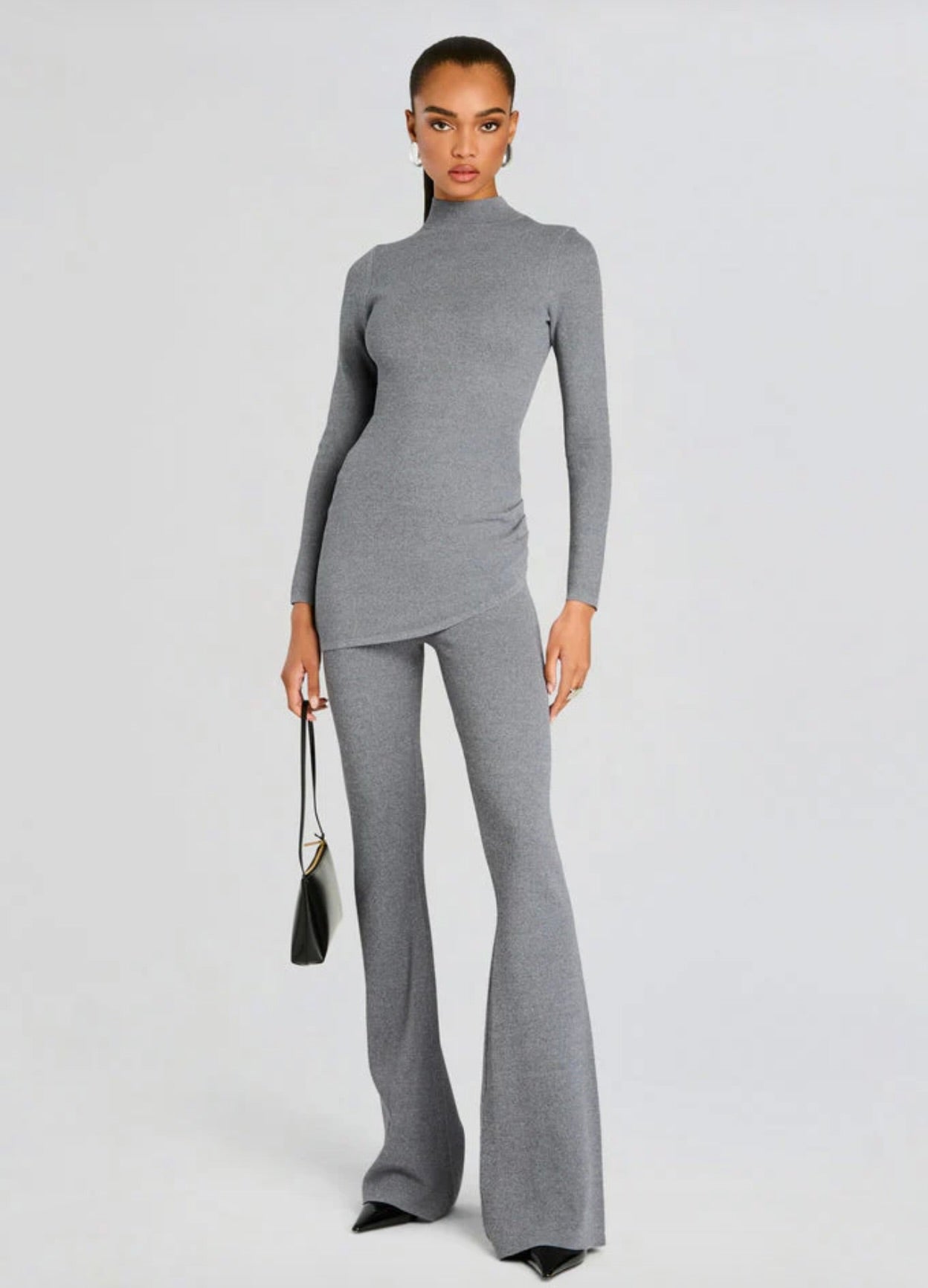Medium Grey Mid-Rise Knit Flare Pants