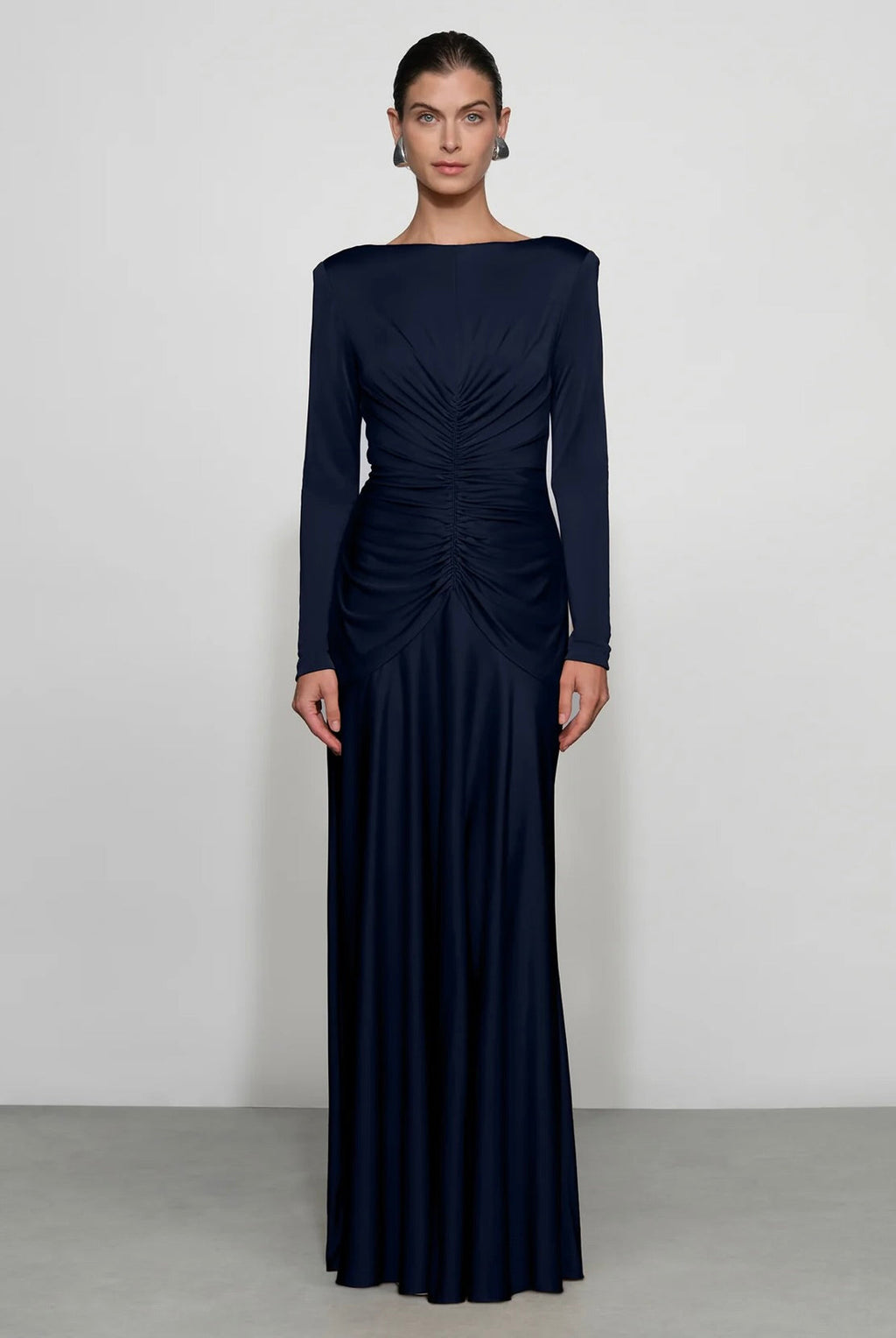 Long-Sleeve Central Ruched Evening Gown