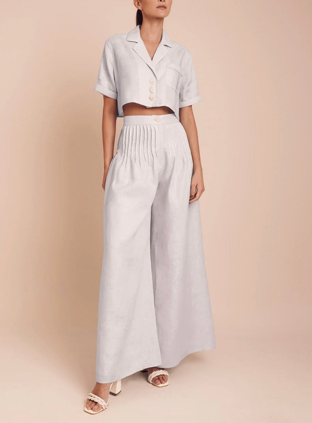 Ice Blue High-Waist Pleated Wide-Leg Pants