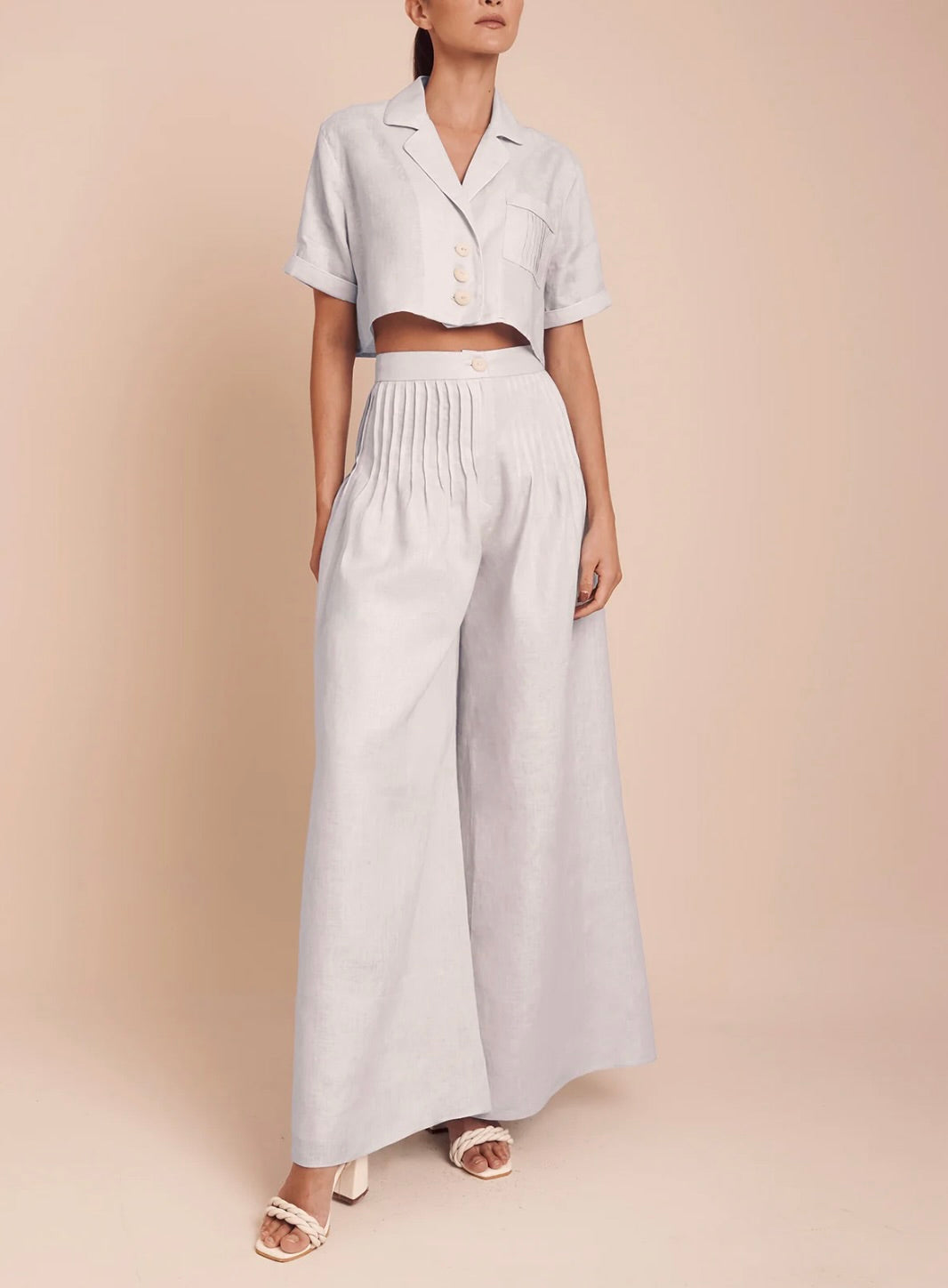 Ice Blue High-Waist Pleated Wide-Leg Pants
