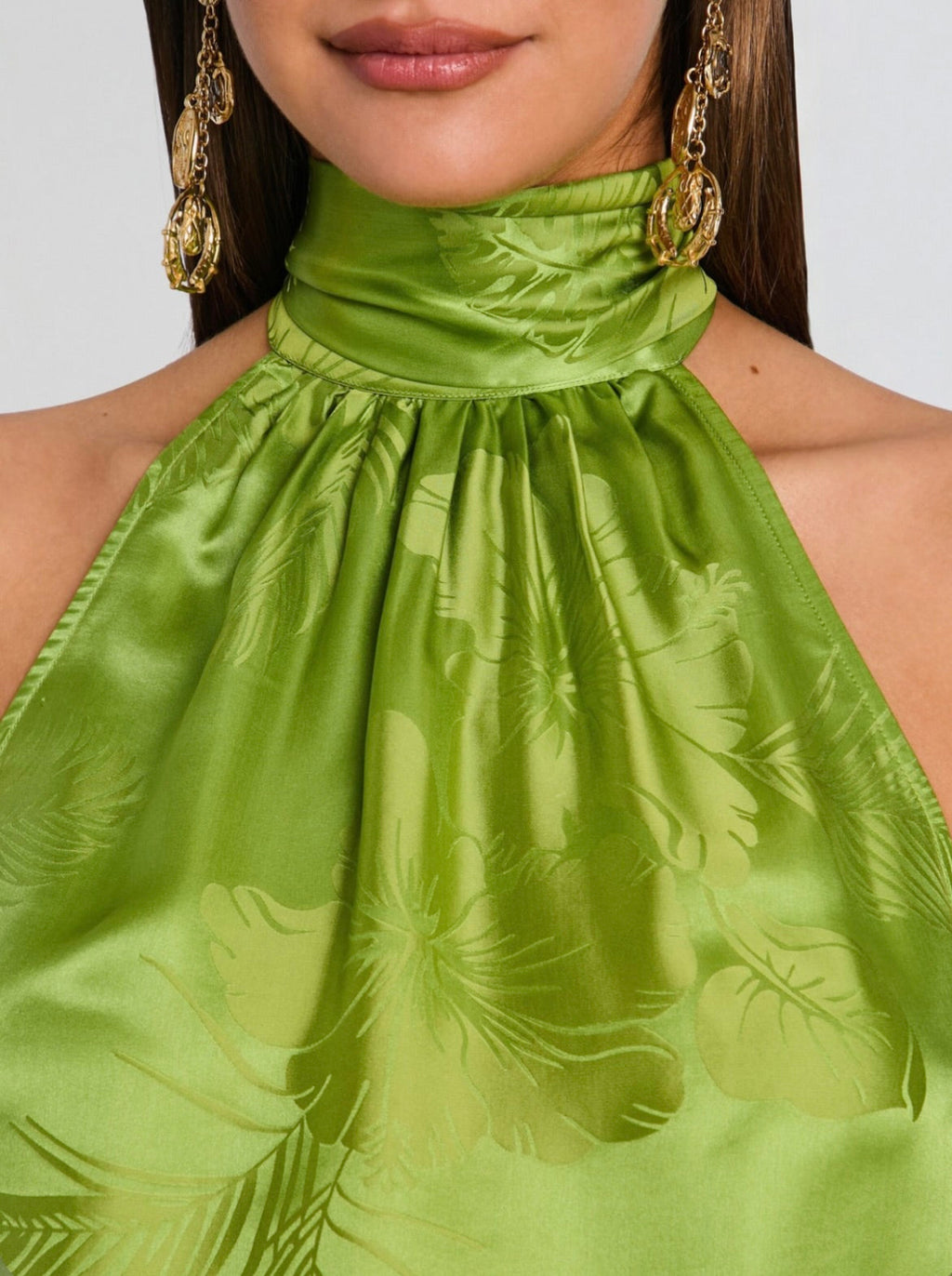 Kiwi Tropical Jacquard Halter Satin Top with Fringed Scarf