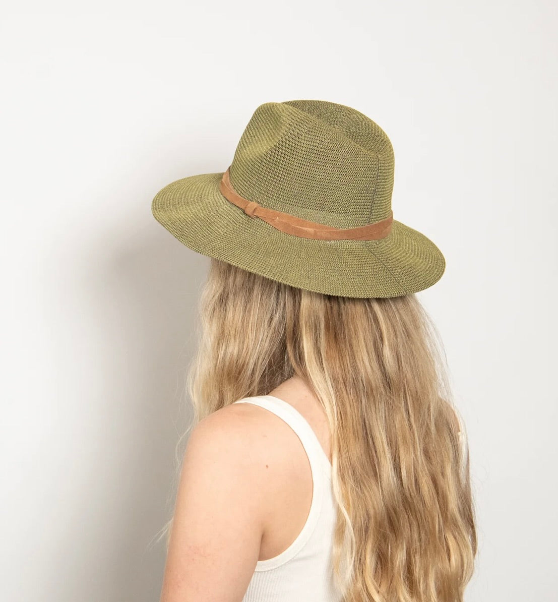 Sage Suede-Trim Foldable Panama Straw Hat