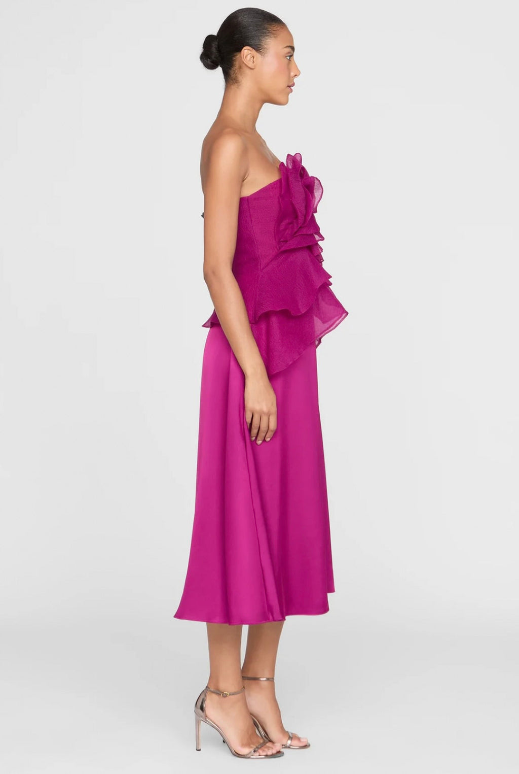 Below-Knee Double-Faced Satin Cascading Gown