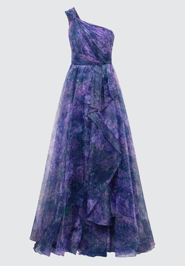 Defined-Waist Cascade-Layered Floor-Length Gown