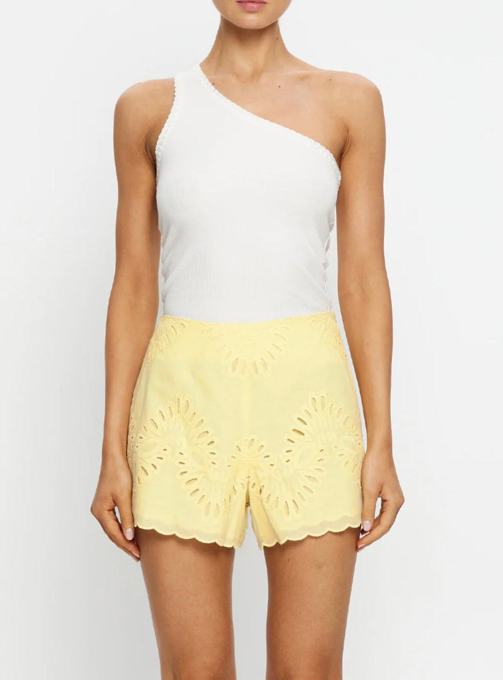 Mid-Rise Fitted Fully Lined Broderie Shorts with Side-Zip Concealment