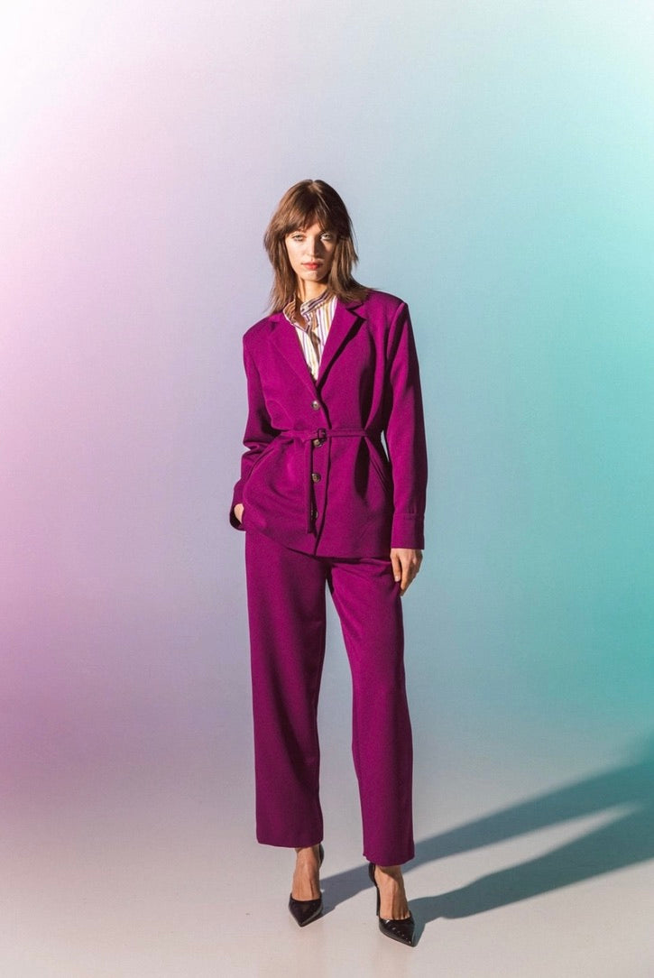 Front-Pleat Tapered Purple Tailored Suit Trousers