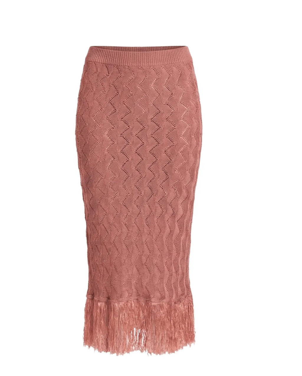 Rosewood Wavy Knit Fitted Midi Skirt with Fringe Hem