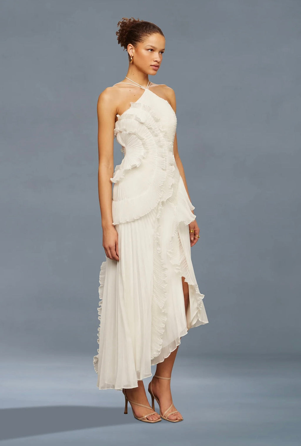 Ivory Lily Pad Pleated A-Line Halter Gown