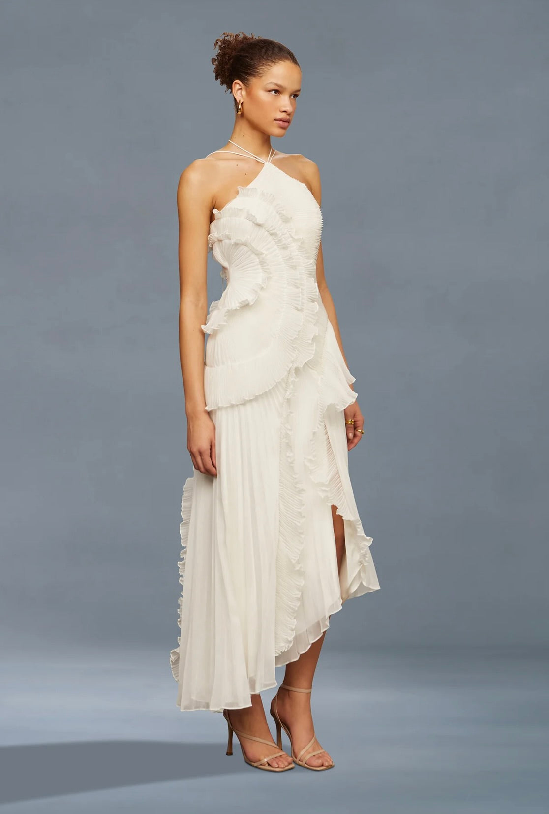 Ivory Lily Pad Pleated A-Line Halter Gown