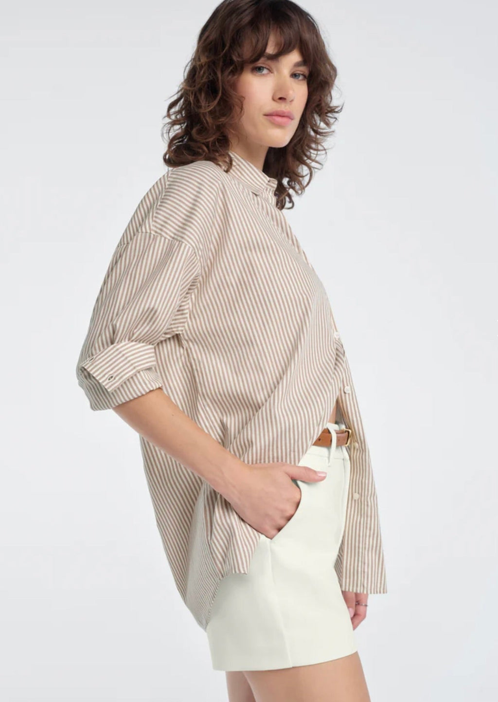 Soft Taupe Stripe Button Shirt
