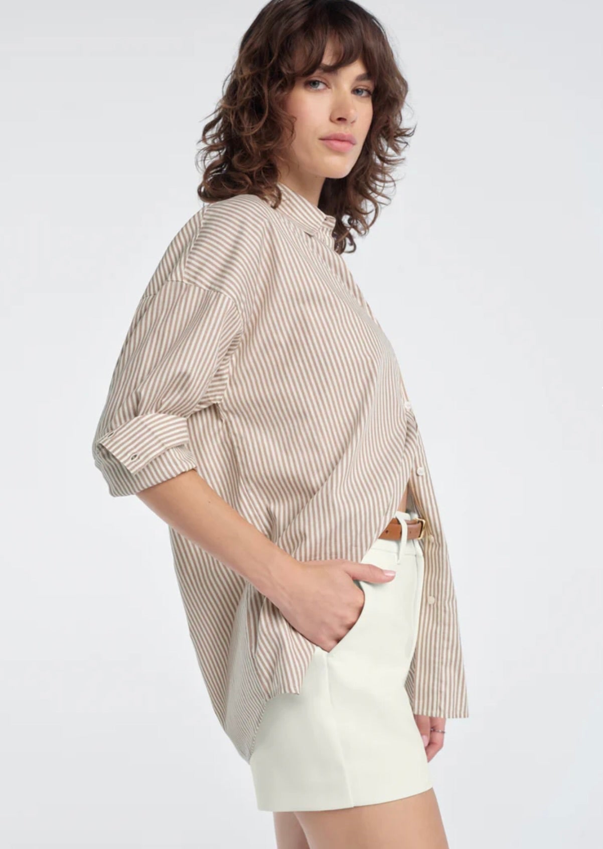 Soft Taupe Stripe Button Shirt