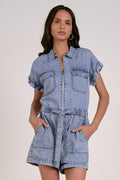 ‌Denim Zipper Belted Romper