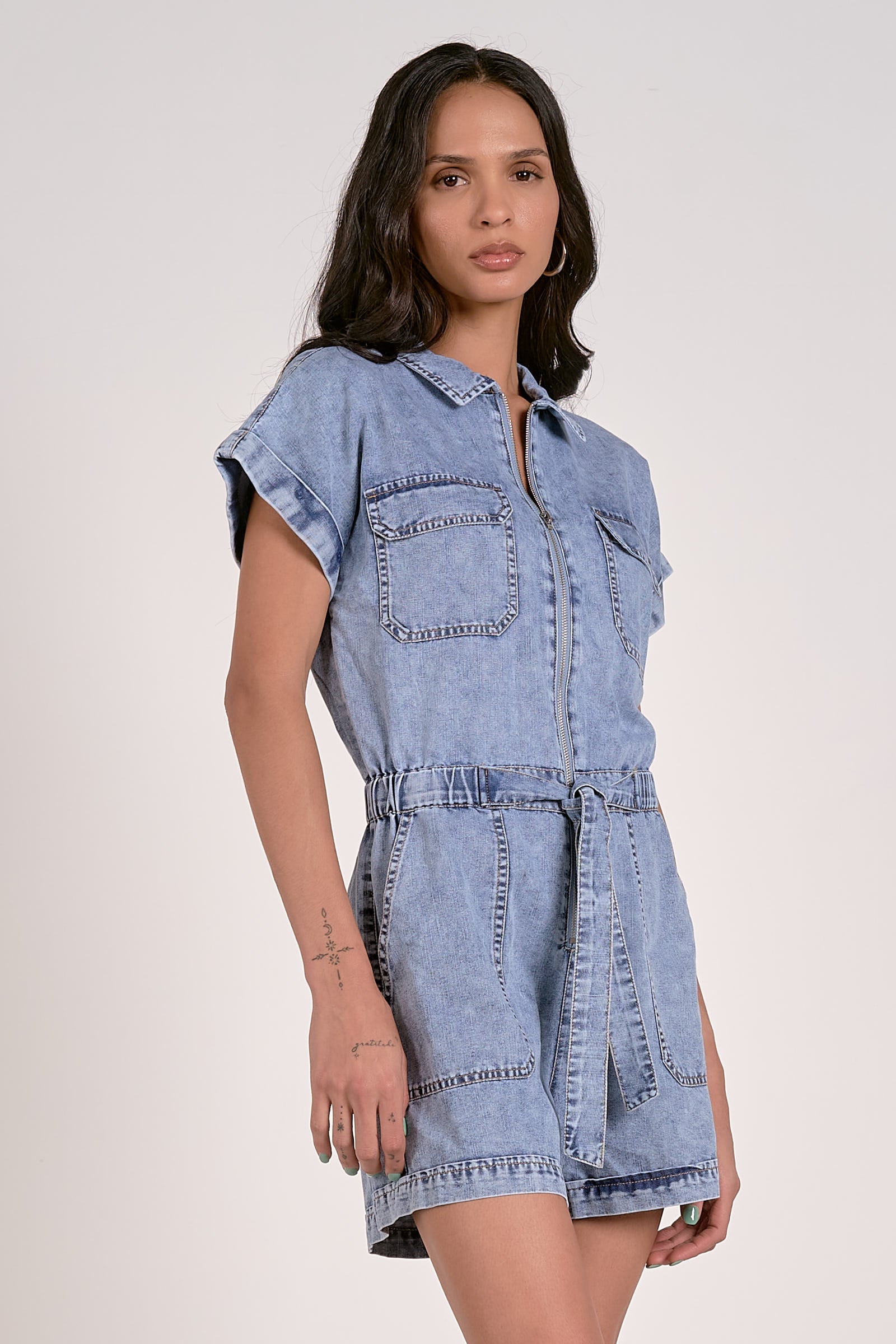 ‌Denim Zipper Belted Romper