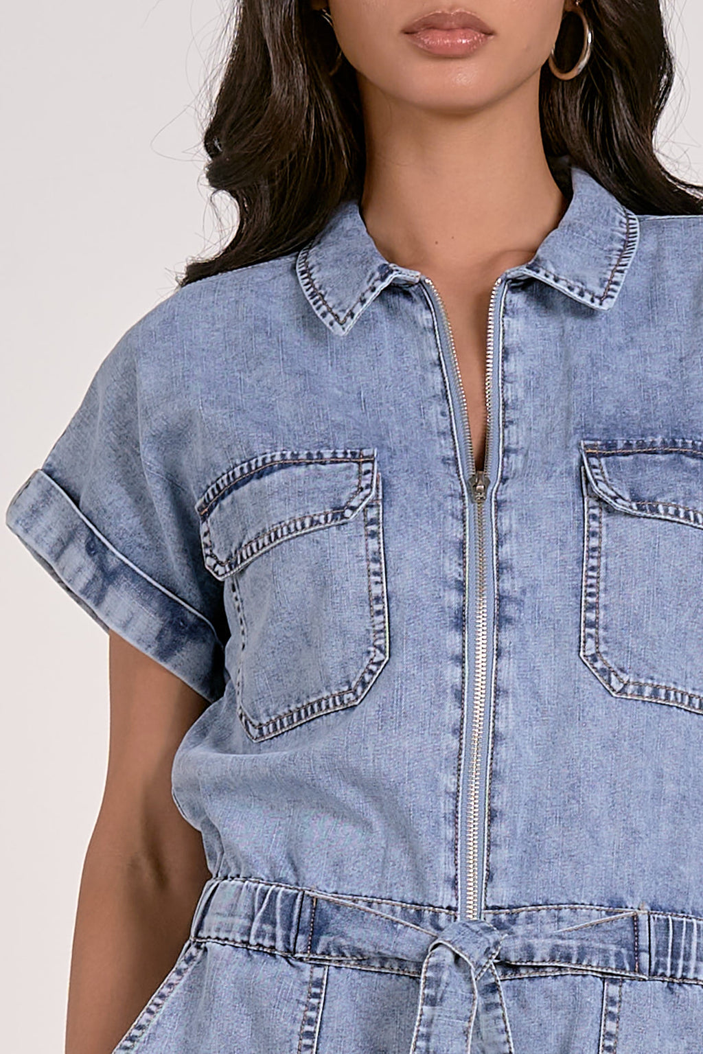 ‌Denim Zipper Belted Romper