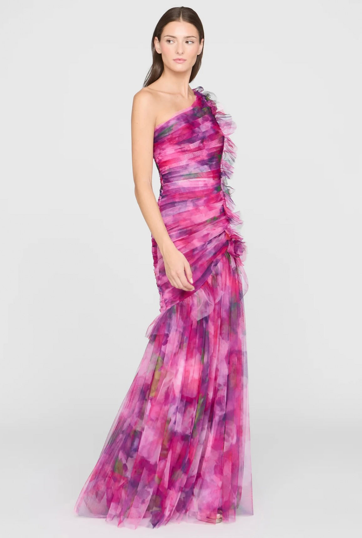 Luminous Bouquet One-Shoulder Ruched Tulle Gown
