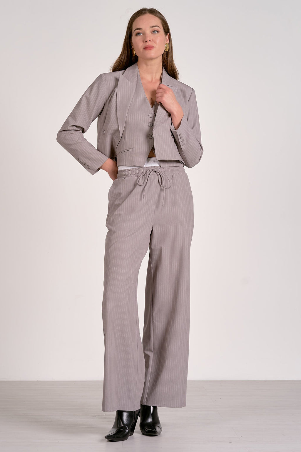 Grey Stripe Elegance Wide-Leg Trousers
