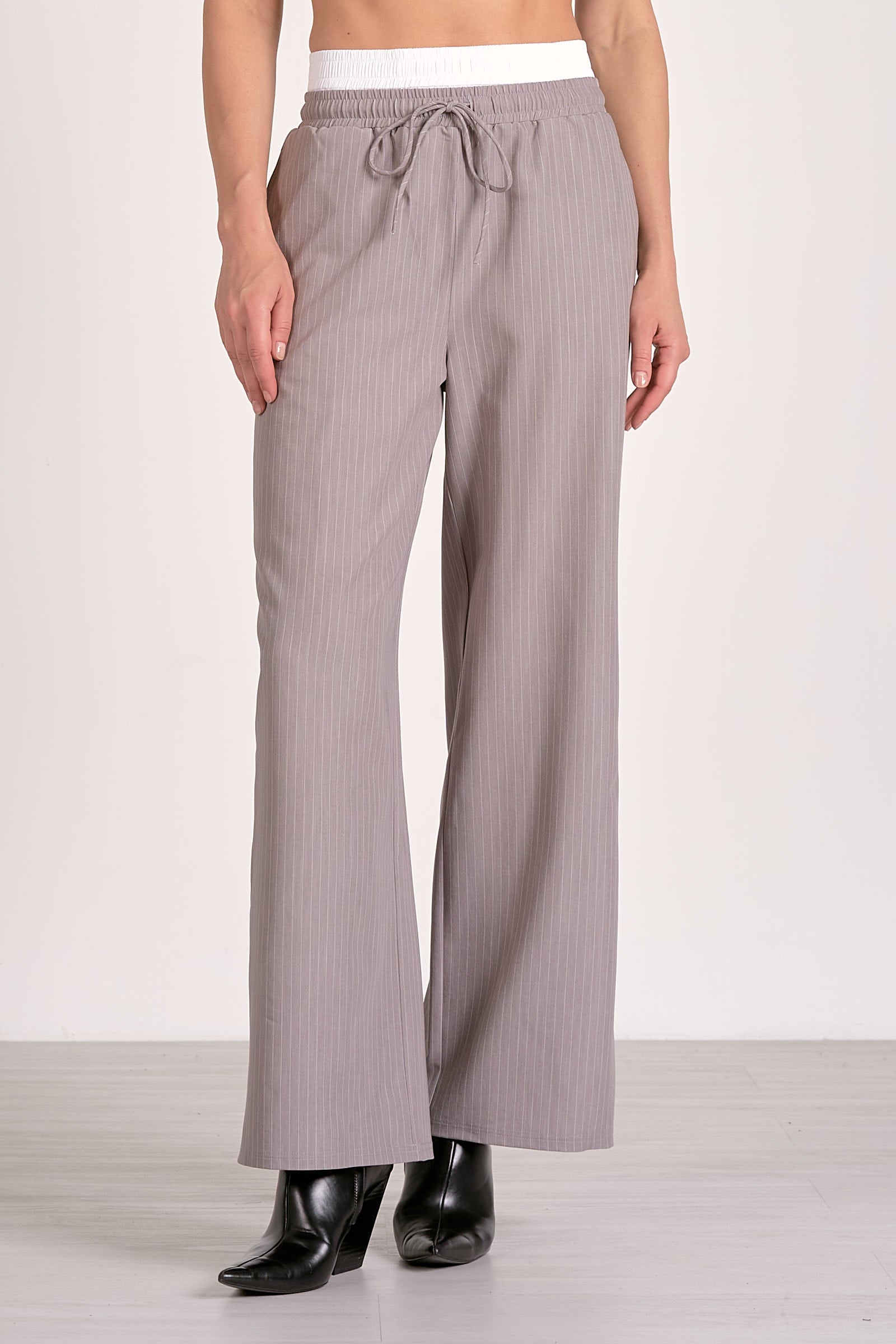 Grey Stripe Elegance Wide-Leg Trousers