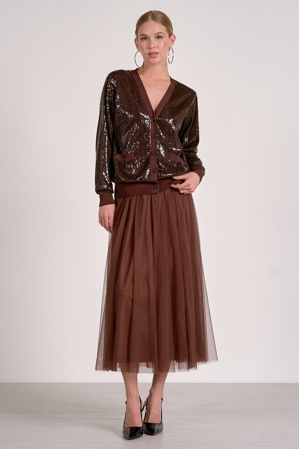 ‌Chocolate Tulle Midi Skirt