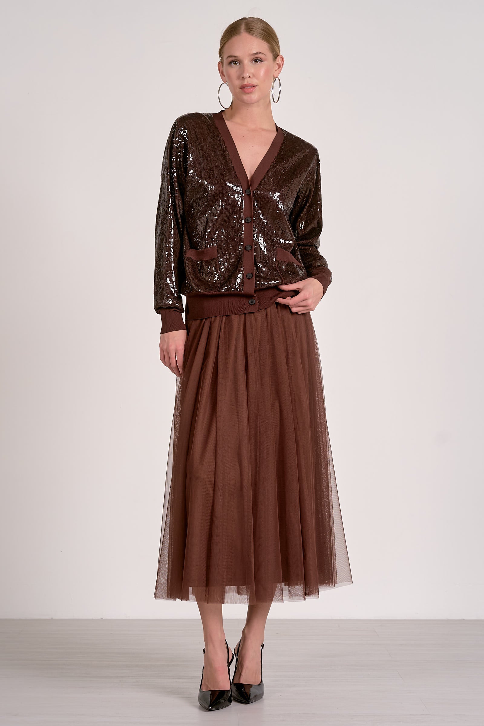 ‌Chocolate Tulle Midi Skirt