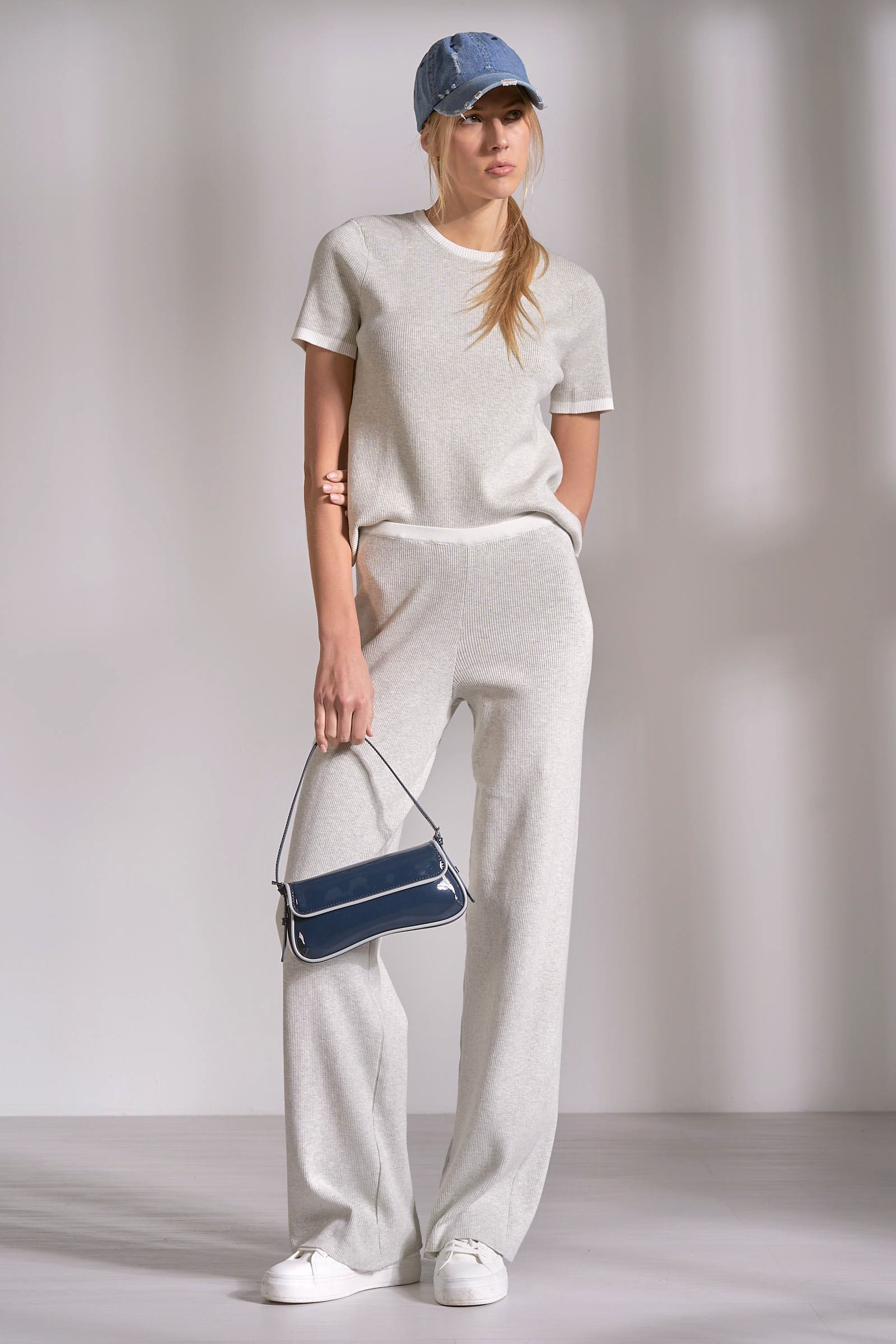 Grey White Cotton Ribbed Knit Lounge Pants