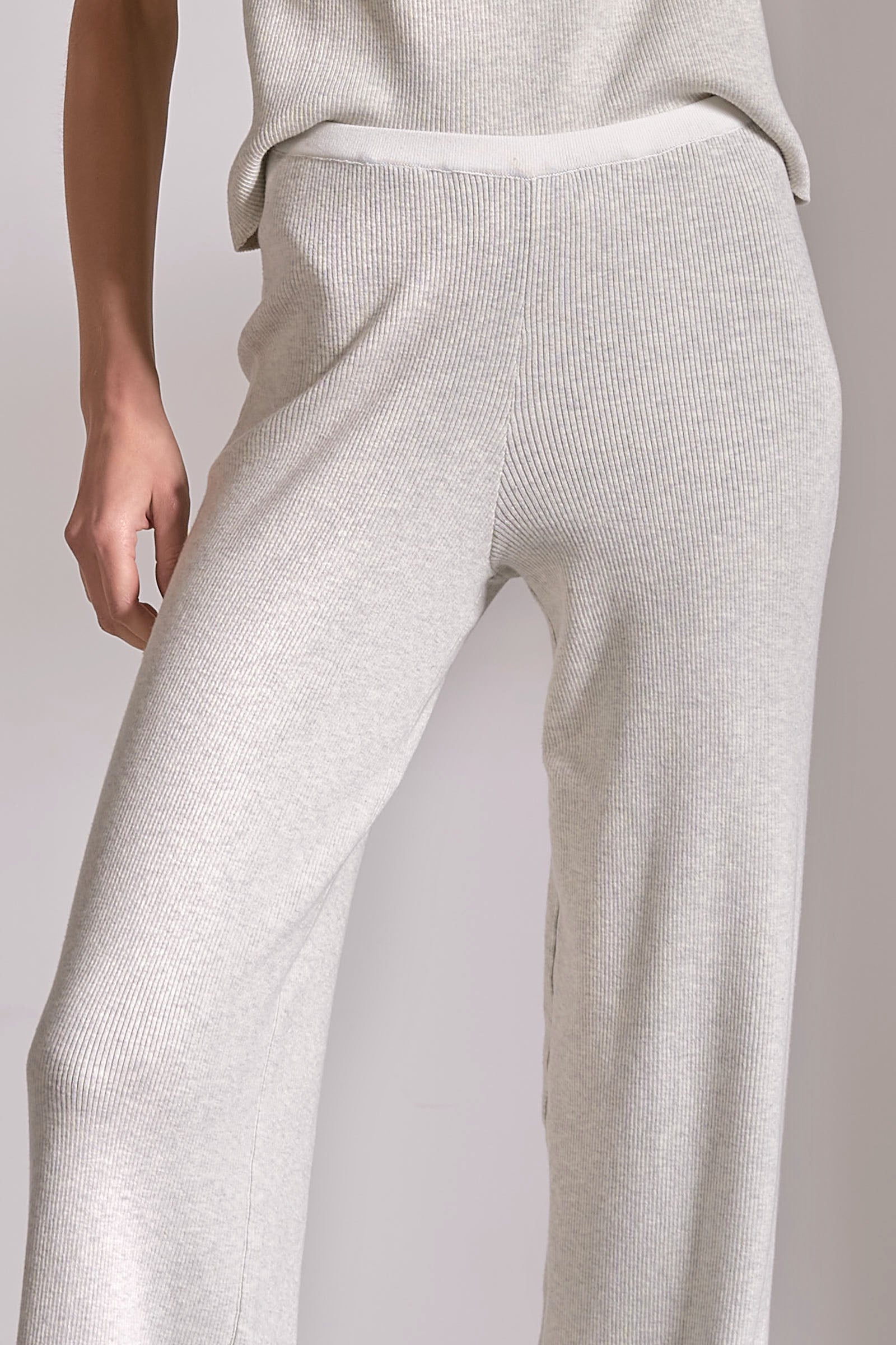 Grey White Cotton Ribbed Knit Lounge Pants