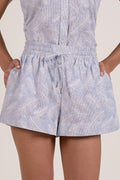 Blue White Print Drawstring Polyester-Rayon Shorts
