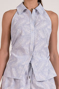 Light Blue Sleeveless Structured Collar Button-Front Top