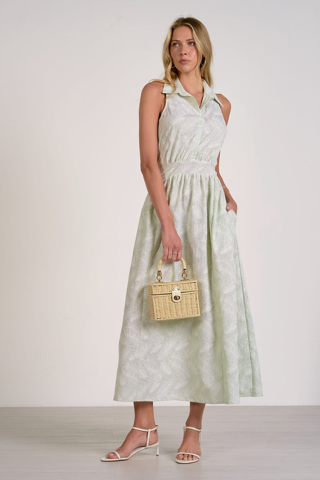 Green White Stripe Point Collar Sleeveless Floral Maxi Dress