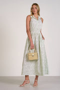 Green White Stripe Point Collar Sleeveless Floral Maxi Dress