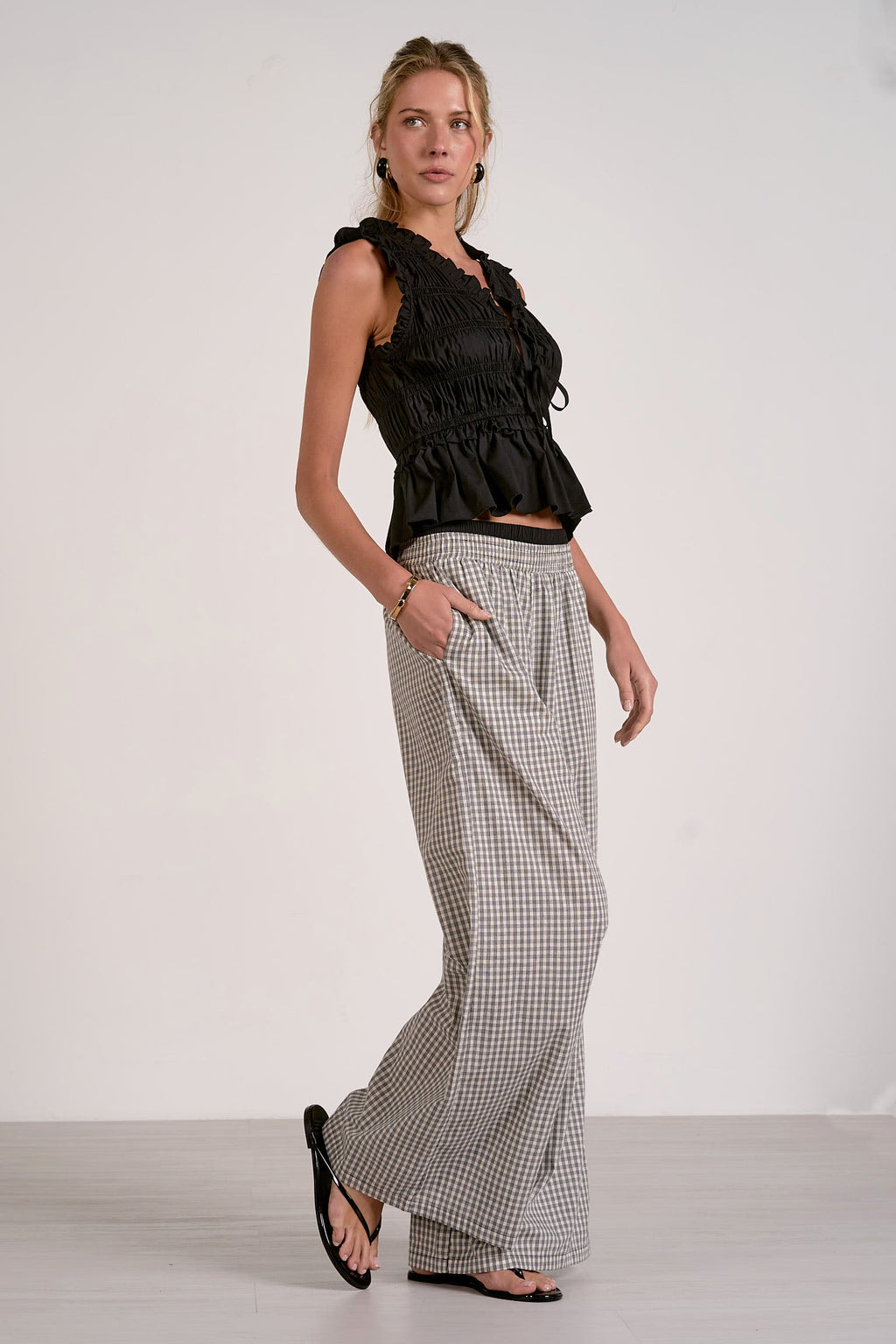 Refined Tailoring Draped White Gingham Wide-Leg Pants
